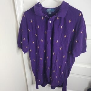 Ralph Lauren Short Mens Sleeve Polo Shirt Purple Pony Pattern Embroidered XL